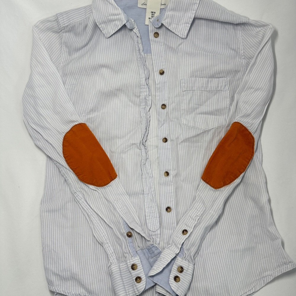 H&M Light Blue Striped Shirt with Orange Elbow Patches